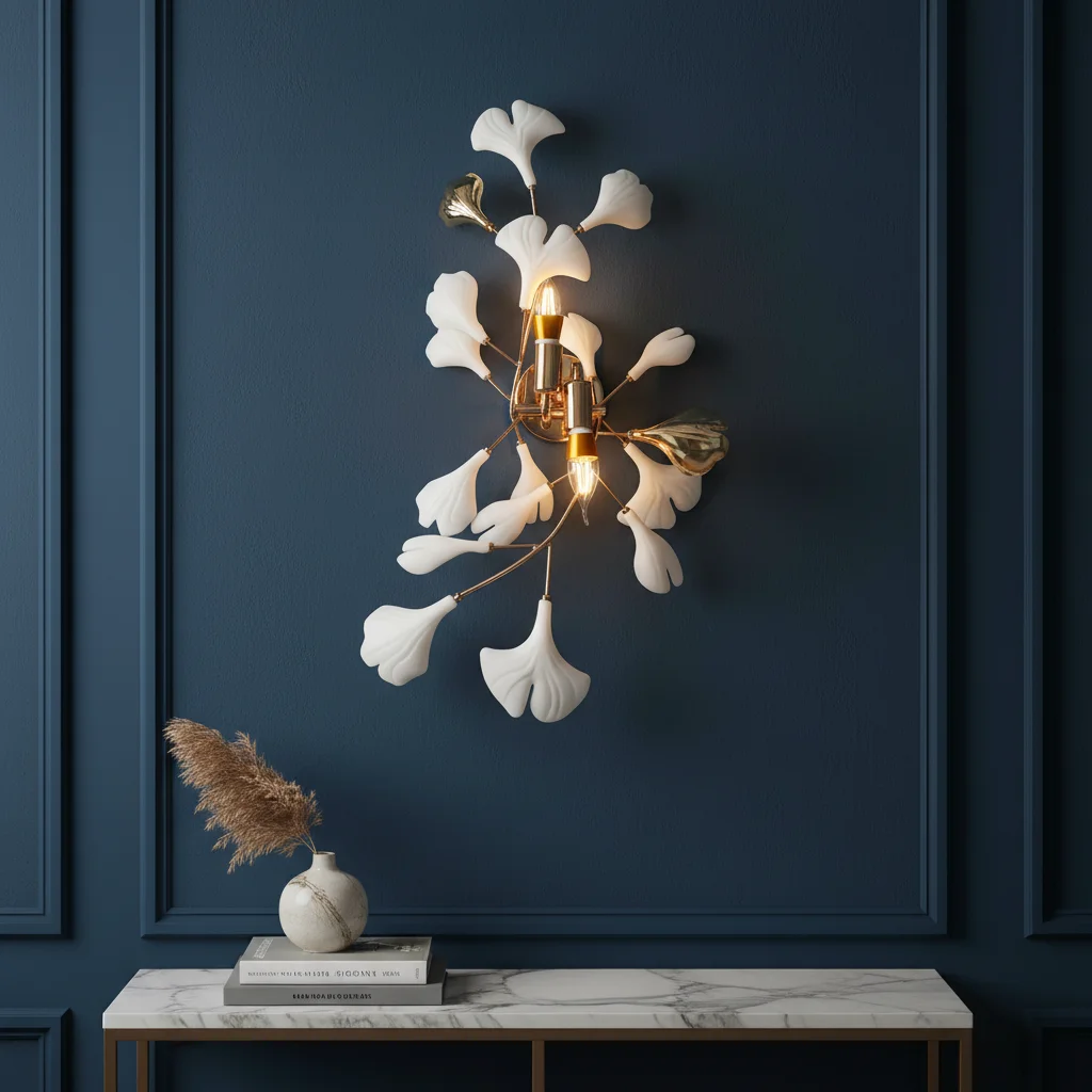 

Modern Ginkgo Leaf Wall Lamp Gold Iron Artistic Sconce with E12 Sockets for Bedroom Living Room Decor