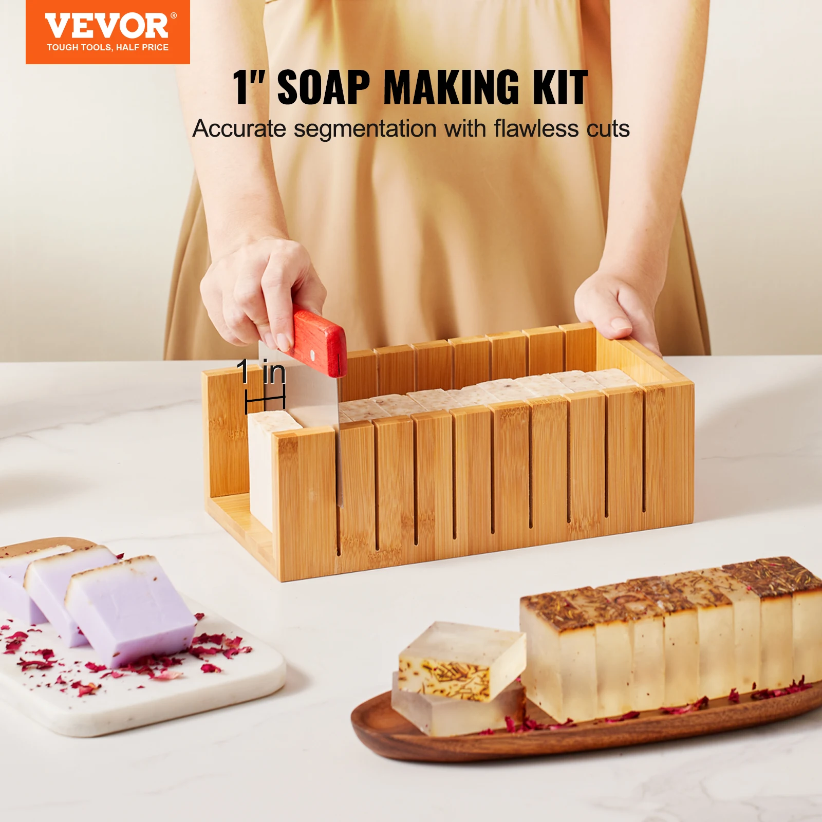 VEVOR Set di Taglierine per Sapone Kit di Strumenti per la Produzione di Sapone Artigianale Fai-da-te, Kit Taglierina Stampo in Silicone per Sapone max. 1301 mL con Scatola in Bambù 278 x 142 x 93 mm