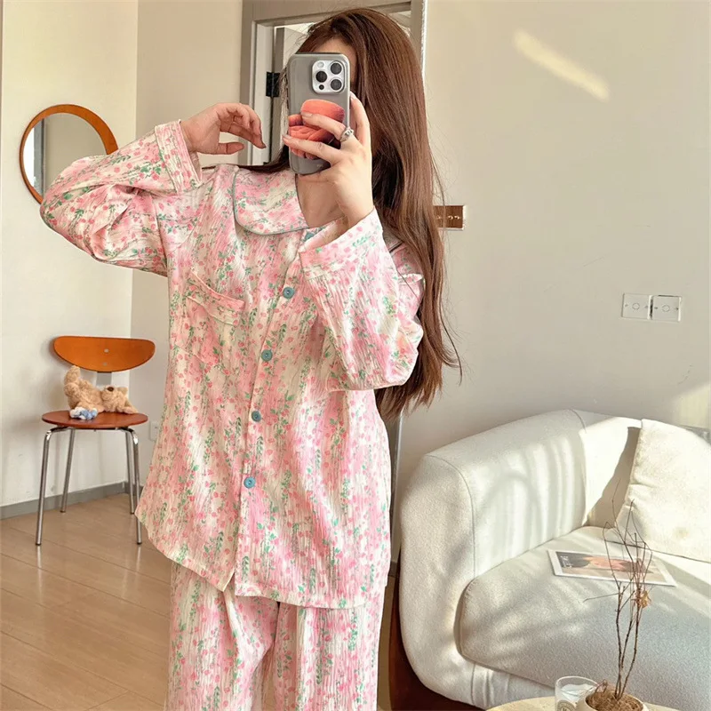 Kawaii Sanrio Hallo Kitty Pyjamas Set Cartoon Cinna moroll Druck lang ärmel ige Strickjacke Stil dünne Polyester süße Hauskleidung