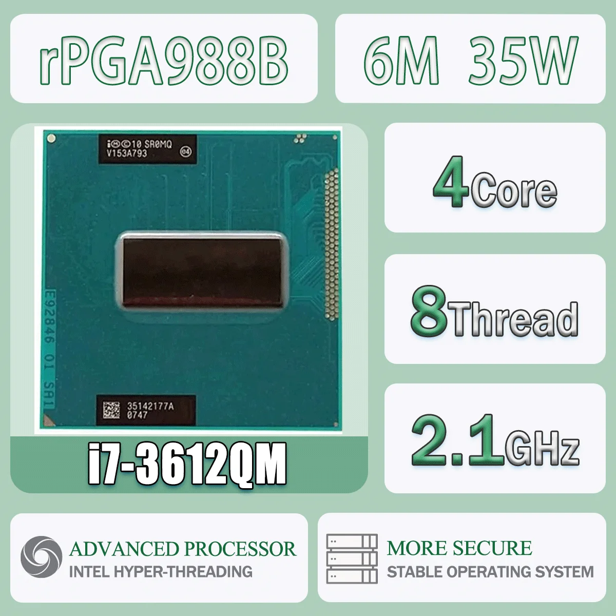 מעבד מחשב Intel Core I7-3612QM SR0MQ 2.1GHz 4 ליבות 8 תהליכים 6M 35W I7 3612QM שרת סוקט G2 / RPGA988B