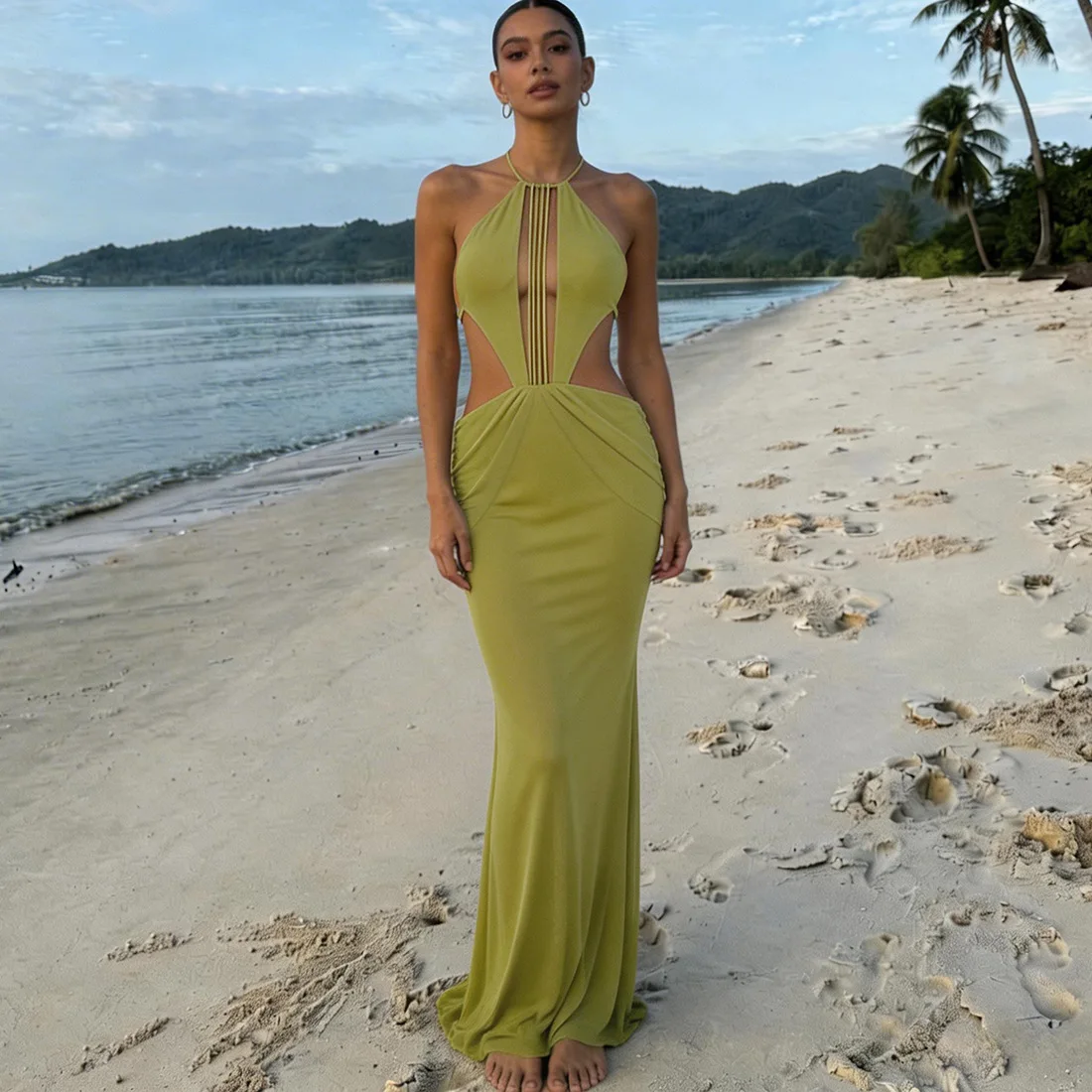 Stylish Lady Halter Backless Maxi Dress 2026 Summer Women Cutout Mesh Bodycon Beach Vacation Dress with Beaded Detail