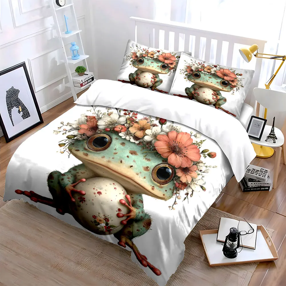 Frog with floral crown holding patterned egg Printed Duvet Cover Set 1 Duvet Cover+2 Pillowcase Multi Size Bedroom Bedding Decor