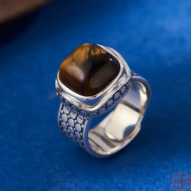 

Широкие кольца из стерлингового серебра 925 пробы для женщин и мужчин в стиле ретро с заклепками, инкрустированный тигровым глазом, кабошон, модные ювелирные изделия в стиле панк, оптовая продажа