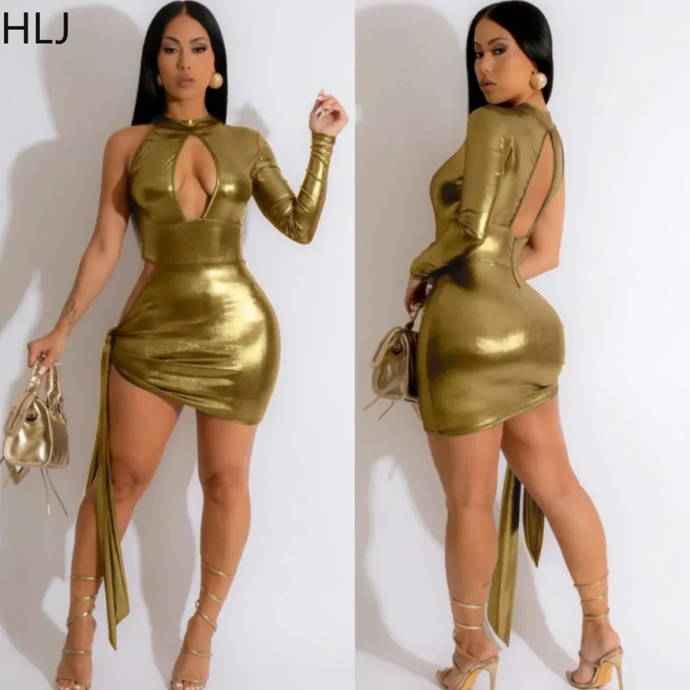 

HLJ Sexy Hollow Out Bodycon Party Nightclub Dresses Women Round Neck One Shoulder Bandage Mini Dress Female Solid Slim Vestidos