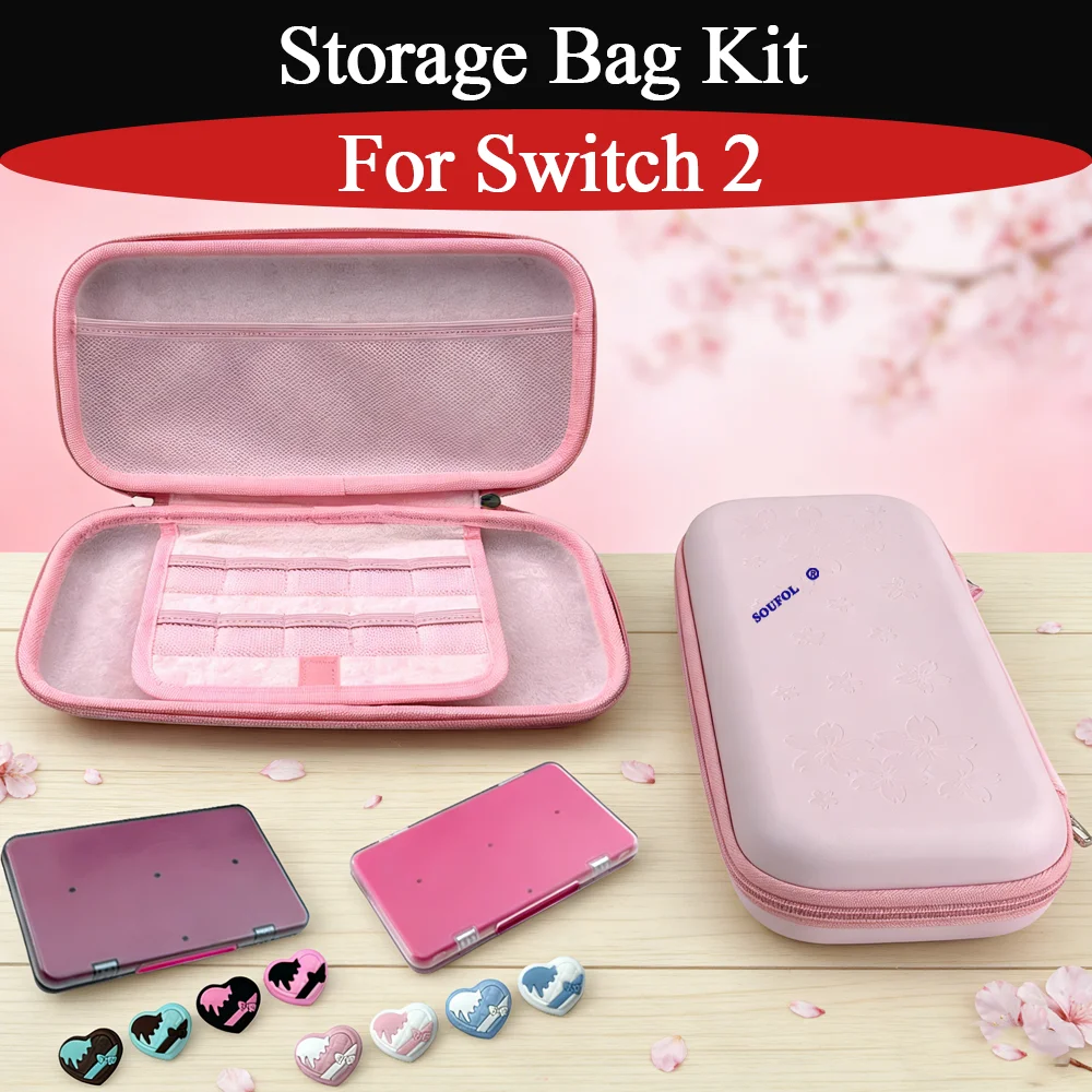 

Набор защитных чехлов Sakura Pink для Switch 2 с коробкой для игровых карт, чехлами для джойстиков и водонепроницаемым чехлом для игровых аксессуаров