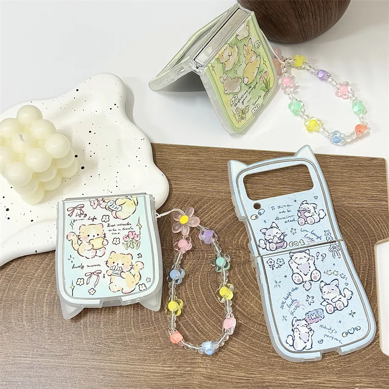 

Cute Cartoon Cat Rabbit Phone Case for Samsung Galaxy Z Flip 6 5 4 3 Protective Back Cover for ZFlip4 ZFlip5 ZFlip6 Case Shell