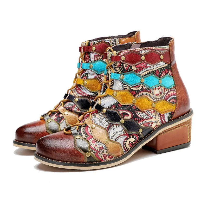 

Women Ankle Boots Spring Autumn Ankle ZIP Mixed Colors Genuine Leather 5CM Square Heel Round Toe Colorful Elegant Outdoor Women