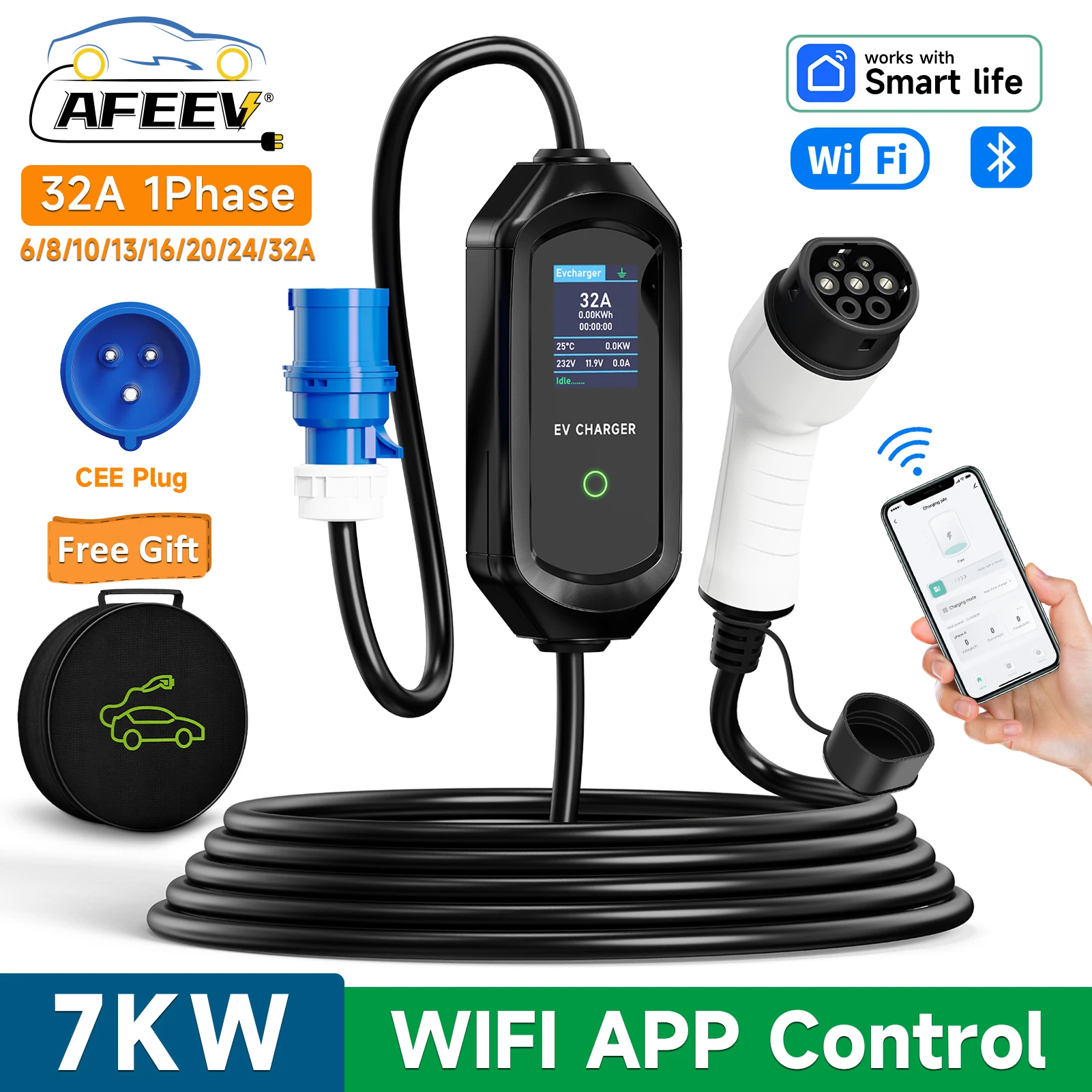 AFEEV Type 2 draagbare EV-oplader 7KW 32A 1 fase Wallbox Type1/GBT EVSE snellaadkabel CEE-stekker WIFI APP Bluetooth-bediening