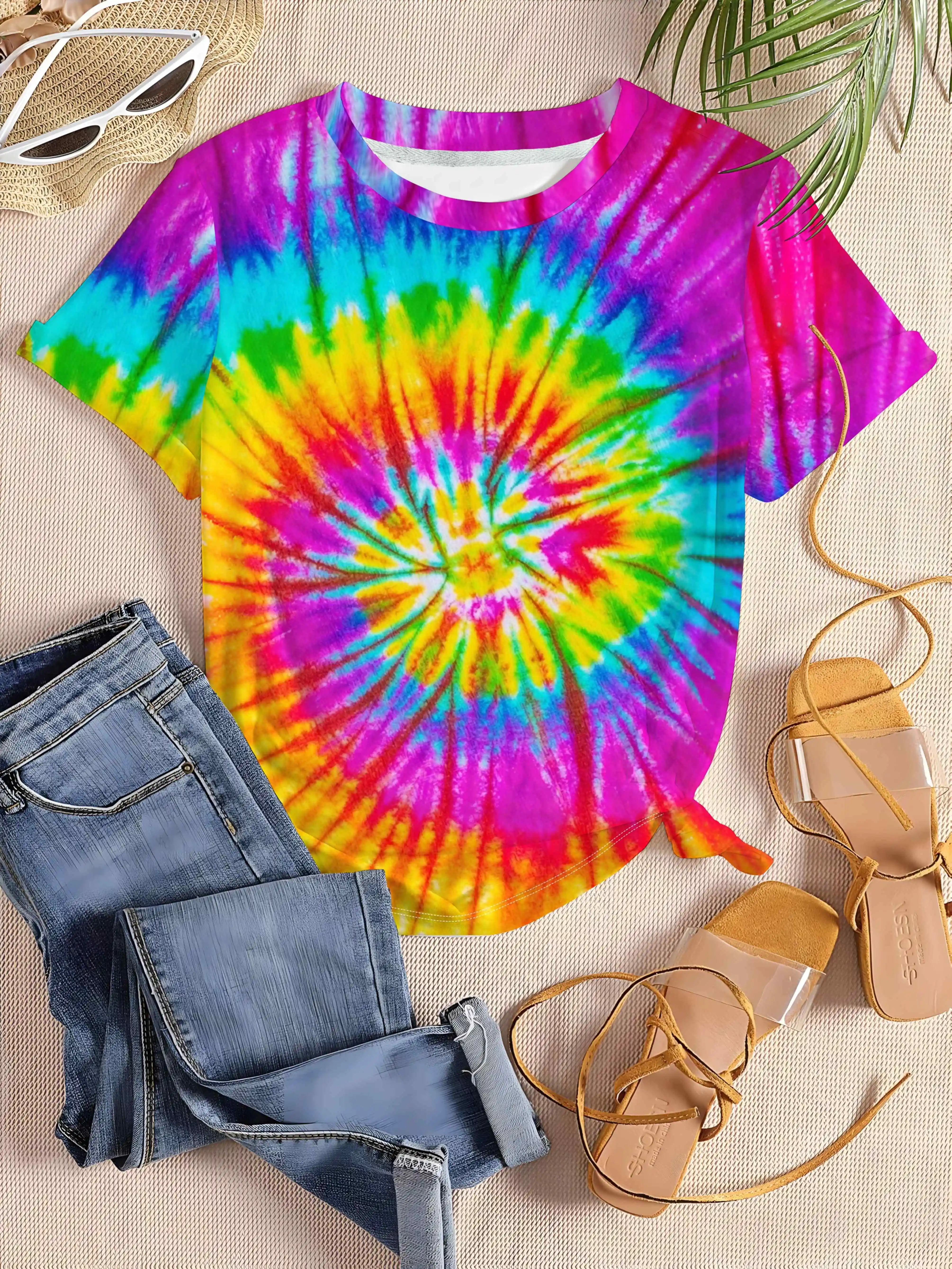Women Crew Neck Short Sleeve T-shirt Vibrant Spiral Rainbow Tie Dye Print Hippie Retro Casual Summer Holiday Top