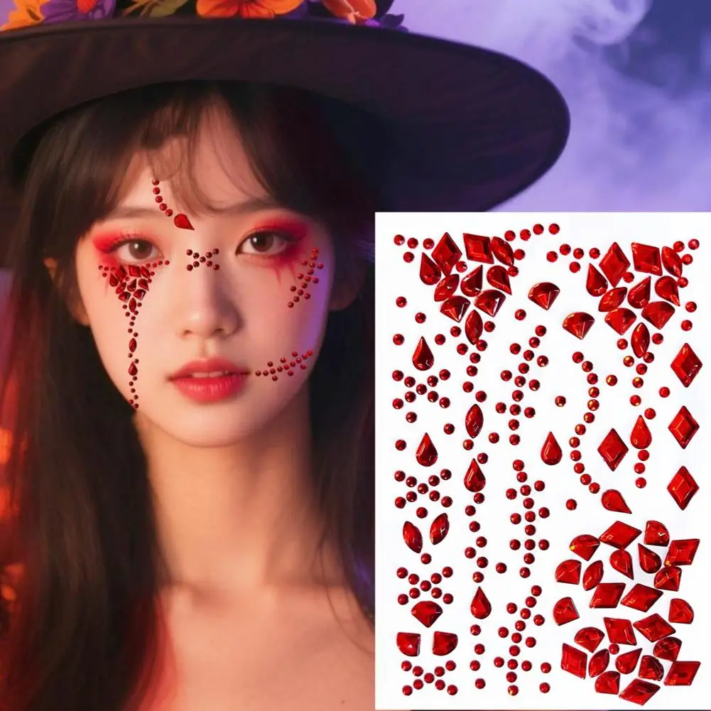 สติ๊กเกอร์ติดหน้าสีแดงสำหรับฮาโลวีน ประดับด้วยเพชรคุณภาพสูง สำหรับงานปาร์ตี้ฮาโลวีน เทศกาล แต่งหน้า ศิลปะบนร่างกาย คอสเพลย์ รุ่น D5F8
