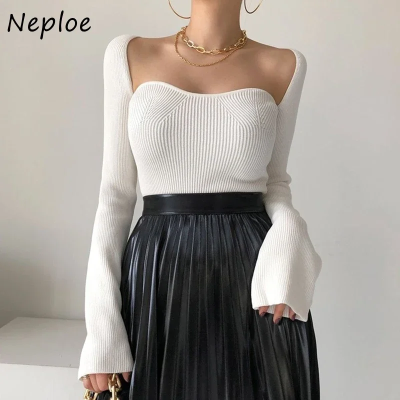 Neploe Retro Square Collar Clavicle-exposed Design Woman Sweater Side Slits Slim Womens Winter Sweaters Long Sleeve Knitted Tops