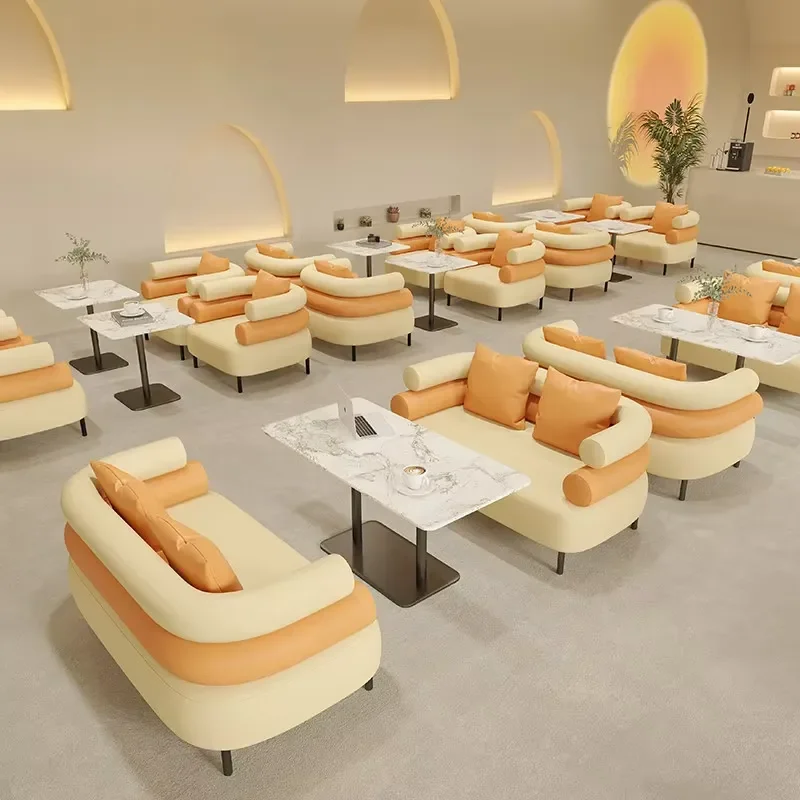 Modern Eco-Friendly Restaurant Set with PU Leather Sofa and Wood & Iron Table/Chair Combination for Commercial Spaces