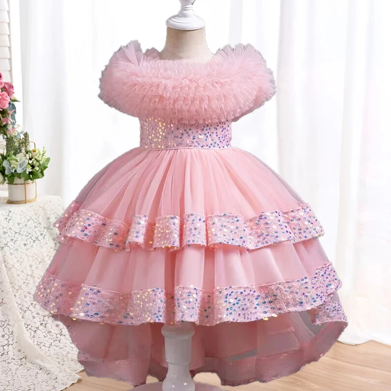 

New Child evening dress Off Shoulder pearl Tulle Princess girl dress Sleeveless Birthday Party trailing Baby dress