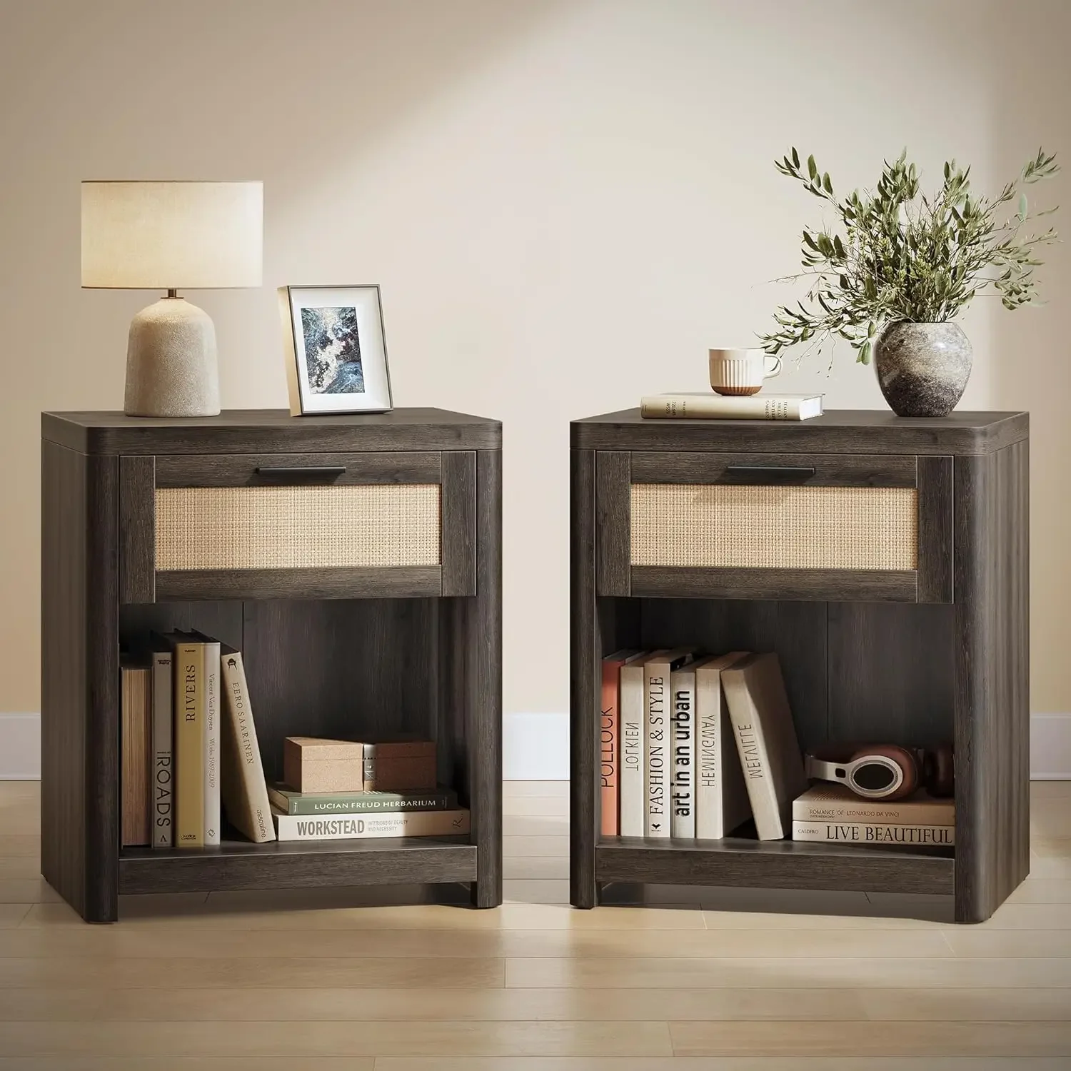 ELLAN Collection - Boho Nightstands with Rattan-Look Drawer, Set of 2 Accent Side End Tables with Open Compartment, Rounded Corn