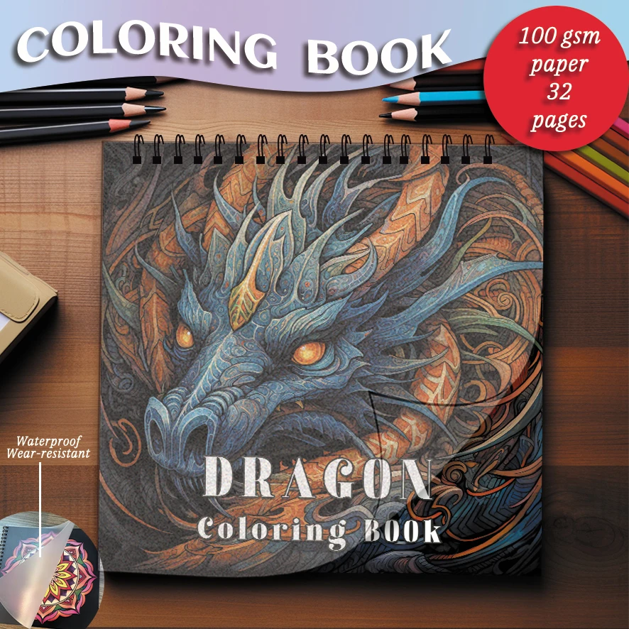 Livro para colorir - 7,87 x 7,87 polegadas 32 páginas sobre Serious Dragon Coloring Book - Presente perfeito para família ou amigos