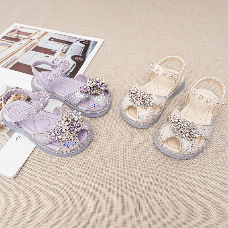Girls Glitter Flowers Sandals Children Toes Capped Princess Sandals Peep Toe Kids Summer Beach Shoes Size 25-36