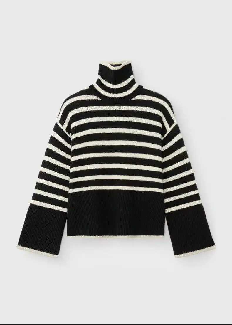 Contrast Striped Turtleneck Pullover Drop Shoulder Loose Fit Baggy Silhouette Soft Knit Casual Daily Warm Women's sweater