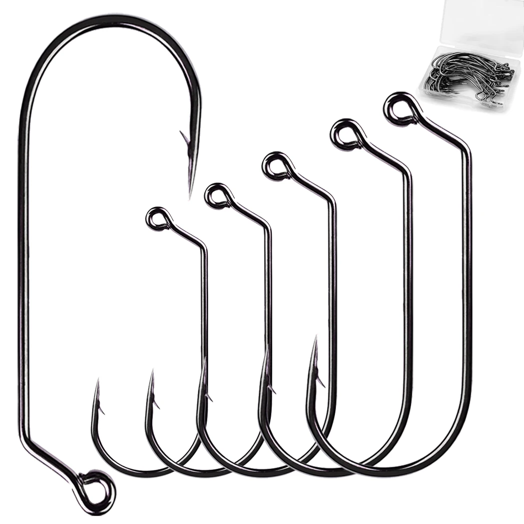 50Pcs/box Jig Big Series Fishing Wide Crank Hook Set Offset Jig Barded Fishhook for Soft Worm Saltwater Bass Carp Fishing Tackle