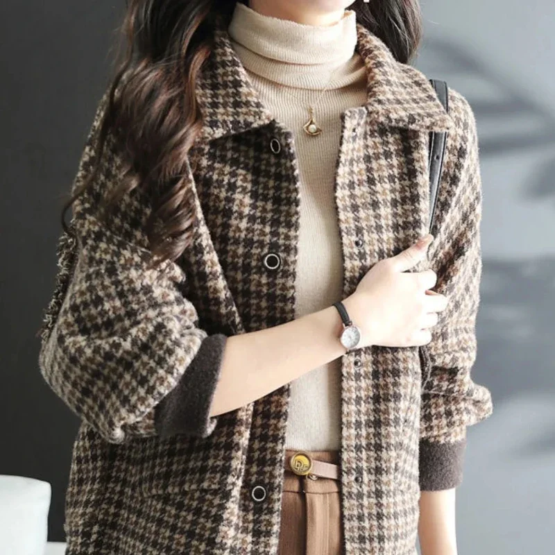 Printing Wool Blend Coat for Women Loose Houndstooth Mixtures Jacket Woman Elegant Novelty on Sale Medium Korean Style Clothing