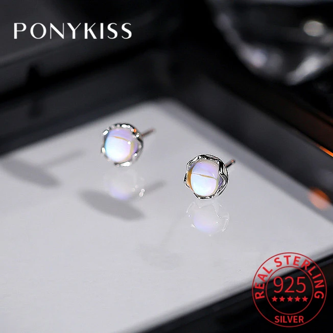 PONYKISS Real 925 Sterling Silver Round Moonstone Stud Earrings For Fashion Women Classic Fine Jewelry Minimalist Accessories