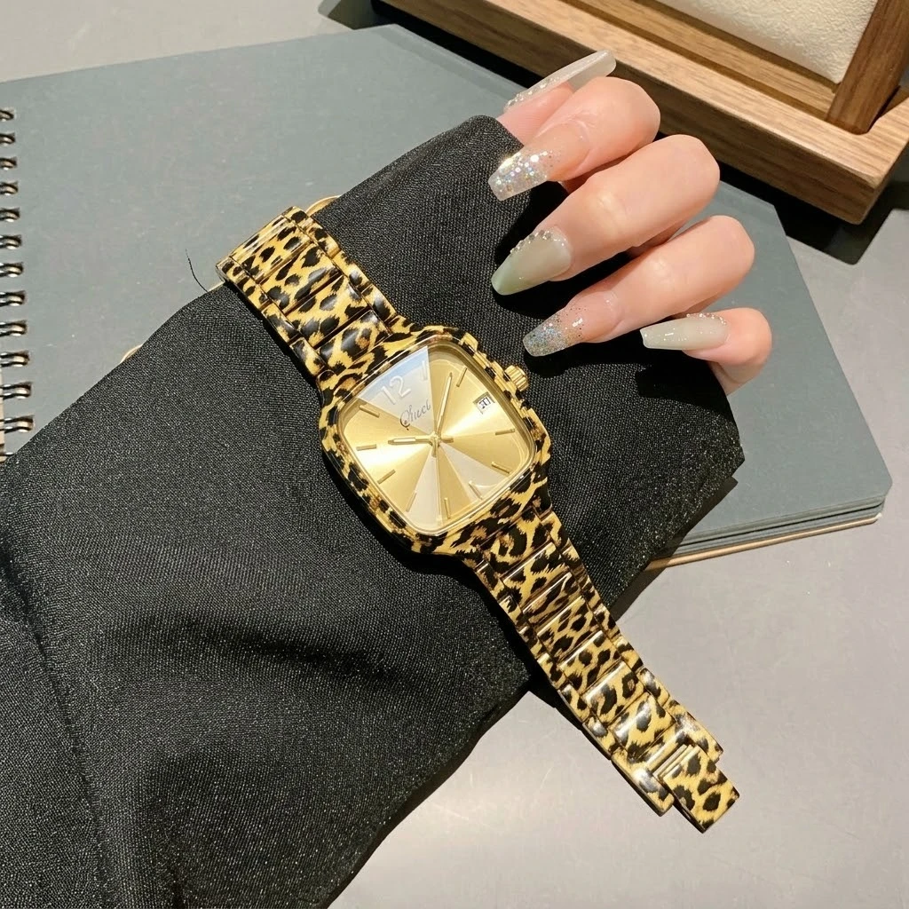 Womens Square Leopard Print Calendar Watch Multi Section Spliced Strap Trendy Individual Style