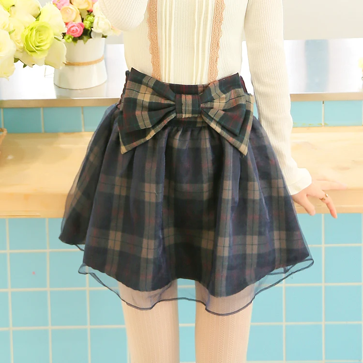Japan Style Liz Lisa Original British Plaid Organza Big Bow Skirts