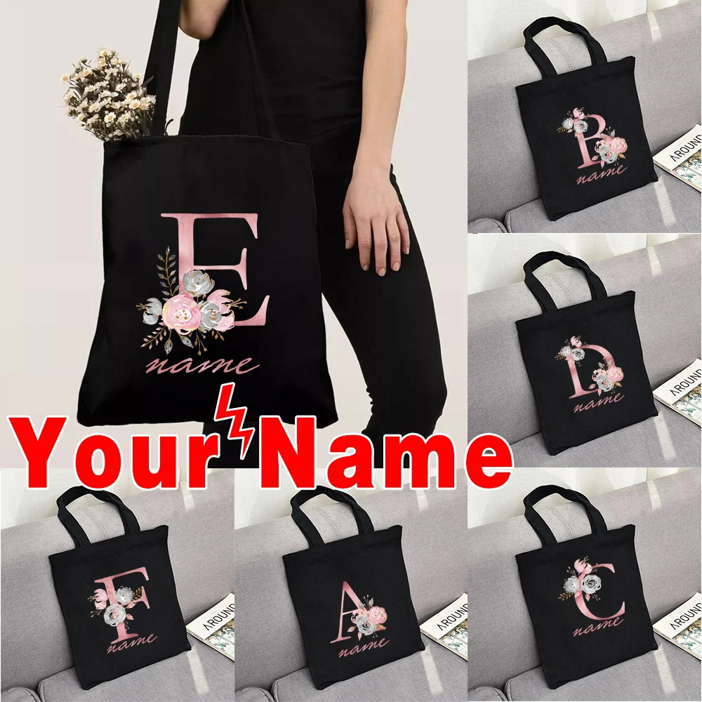 Custom Free Name Canvas Bags Women Shoulder Bag Handbags Pink Letter Beach Bags Tote Casual Woman Grocery Eco Shopping Bag