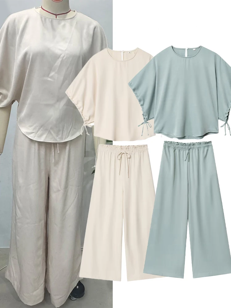 

HH Women Solid Elegant Button Puff Sleeves Lace-up O-Neck Shirt+Slim High Waist Drawstring Pajama Style Pants 2-Piece Set