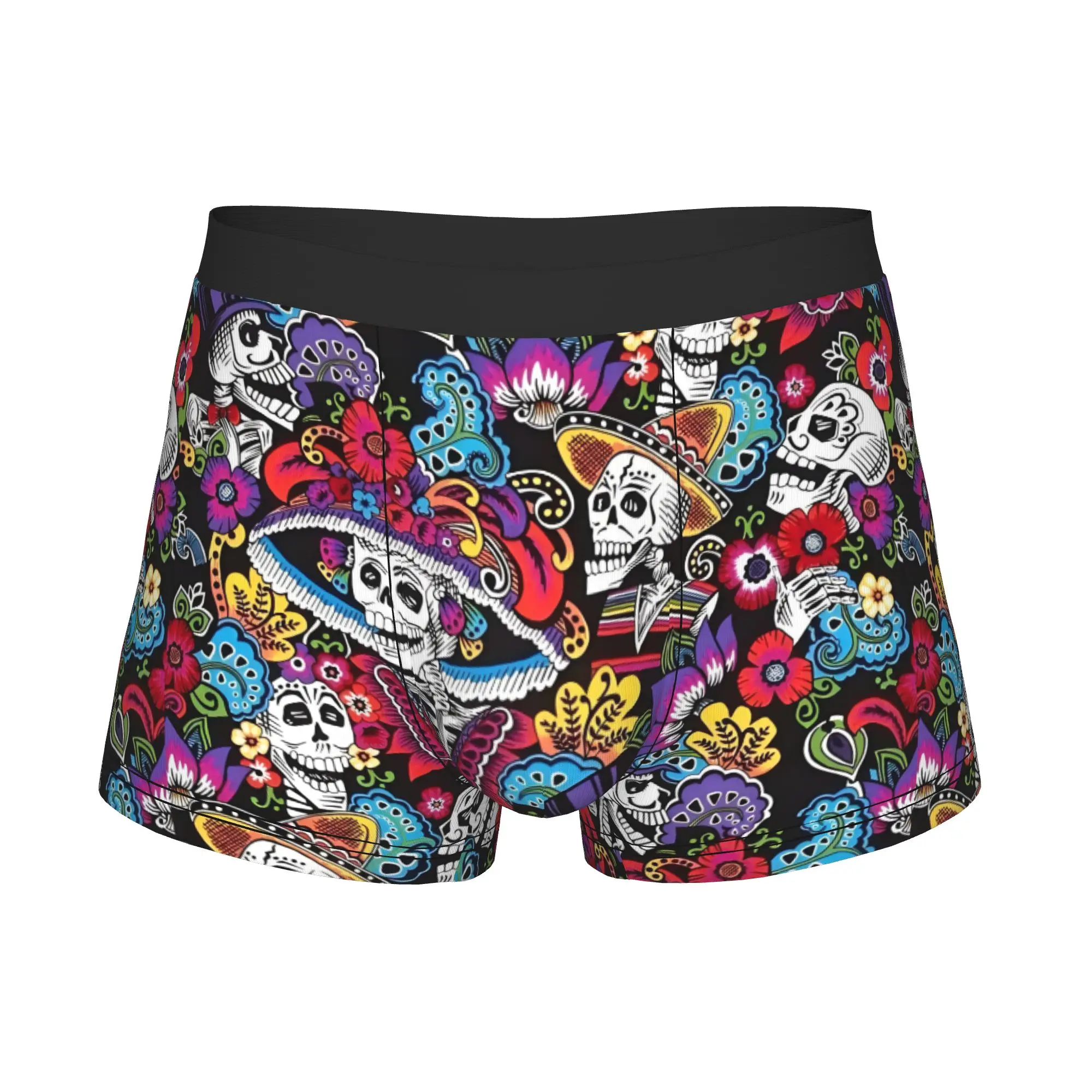 Colorful Day Of The Dead Boxers Shorts Men's Sugar Skull Skeleton Character  Briefs Underwear Cool Underpants