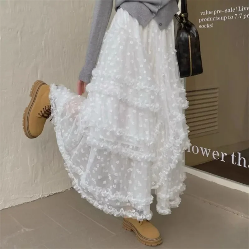 القوطية لوليتا الدانتيل شبكة الكشكشة الجنية الأميرة تنورة حفلة المرأة غير المتكافئة لطيف الستار شير التستر رقيقة تنورة طويلة الأبيض #5