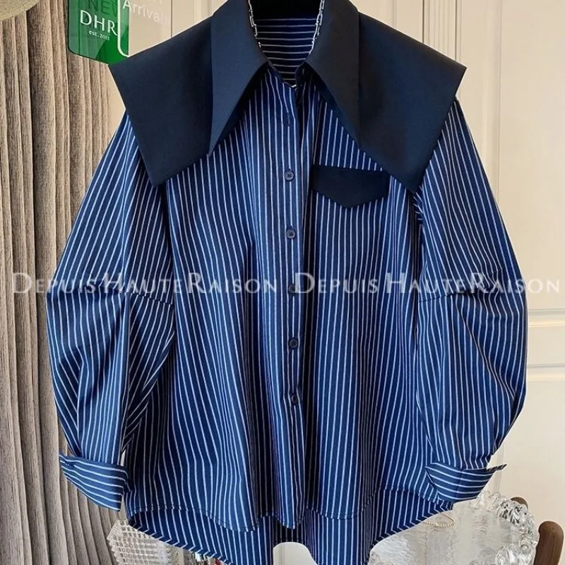 

Navy Collar Shawl Collar Striped Shirt Faux Two-Piece Loose Womens Tops Shirt Long Sleeve Oversized Blouse Single-Breasted New