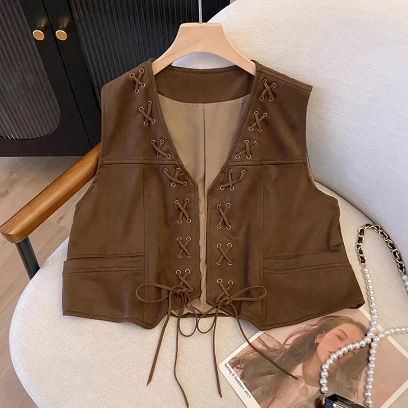 Y2K Vintage Crop Vest Women Autumn Sleeveless Lace Up Patchwork Streetwear Cardigan Female Harajuku Ethnic Style Short Tank New