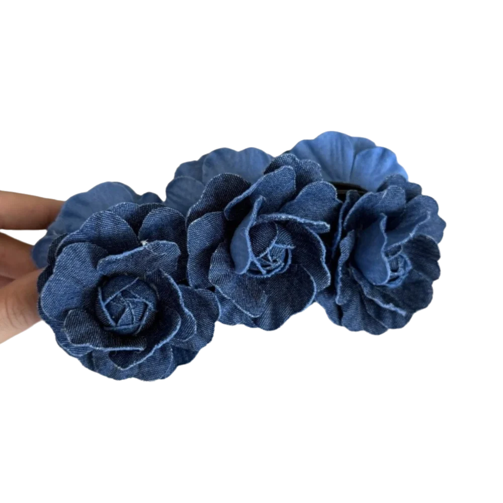 

Denim Blue Flower Banana Clips Korean Style Plastic Women Vertical Clip Cloth Camellia Floral Twisted Hair Clip Daily
