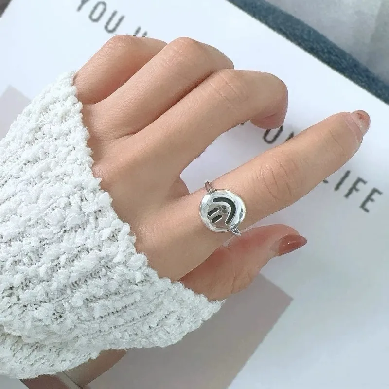 

925 Sterling Silver Chic Korean Version Happy Mood Adjustable Opening Ring for Women Fine Jewelry Minimalist Accessories