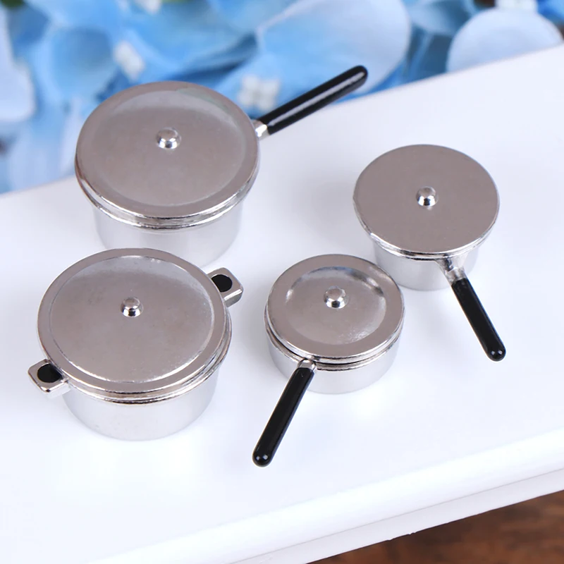 4Pcs 1:12 Dollhouse Miniature Metal Mini Pot Set Doll House Kitchen Furnitures Cookware Pans Food Toys Set