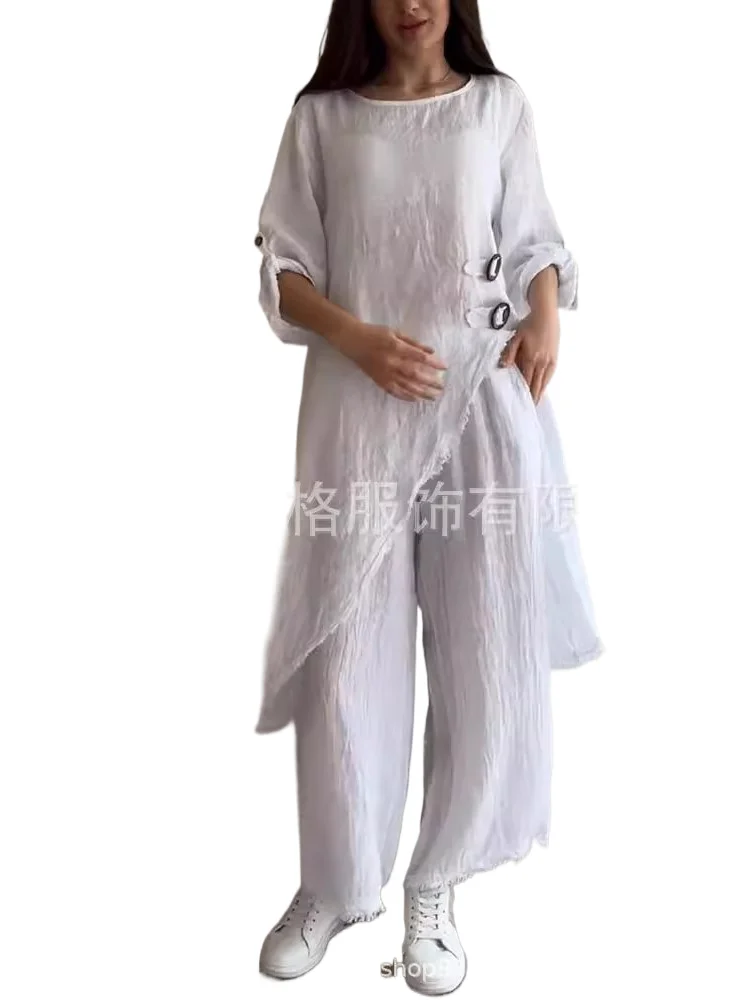 

Women's Two Piece Set Solid Color Buttons Irregular Slit Long T Shirt Tops Loose Wide Leg Trousers 2 Piece Sets Casual Lady Suit