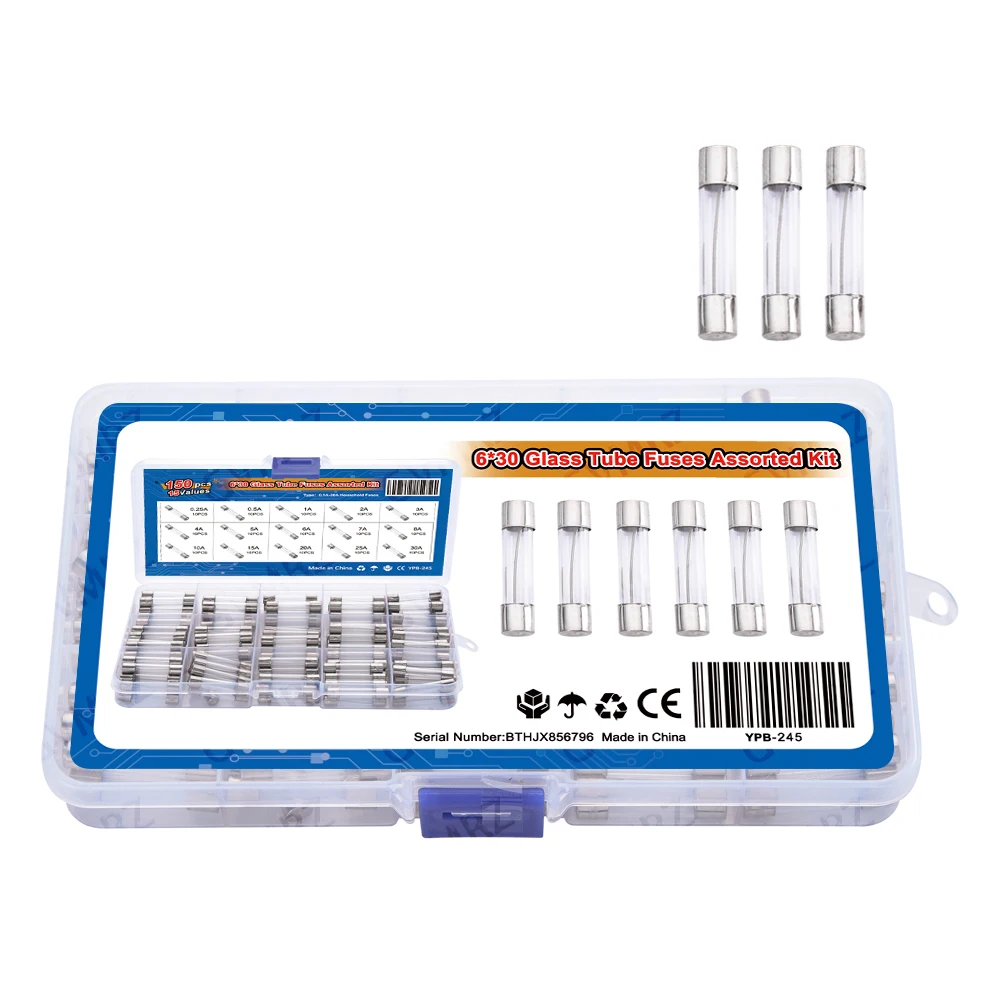 150PCS 15Values 6*30 Glass Tube Fuses Car Glass Tube Fuses Assorted Kit 6X30 with Box fusiveis 0.1A-30A Household Fuses 6x30