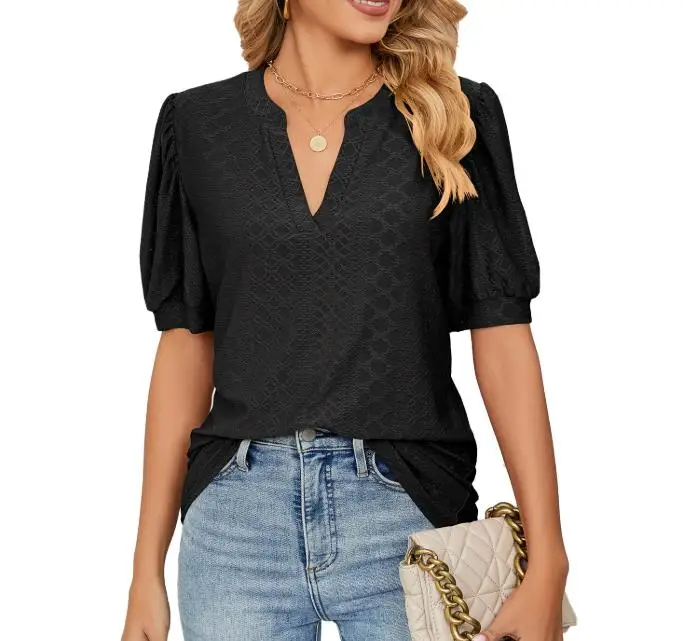 

2025 Summer Casual V-Neck Solid Color Hollow Bubble Sleeve Loose T-Shirt Top for Women