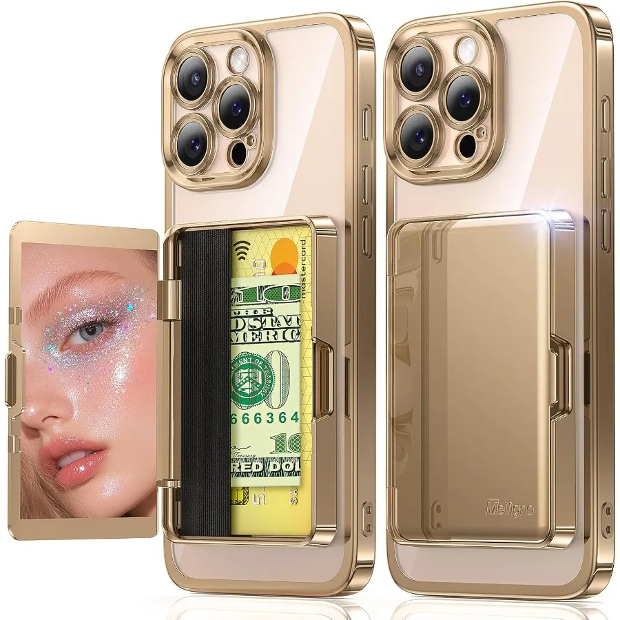 

For iPhone 16 Pro Max Case Wallet with 3-4 Card Slots and Cash Compartment Built-in Mirror and Kickstand Surround