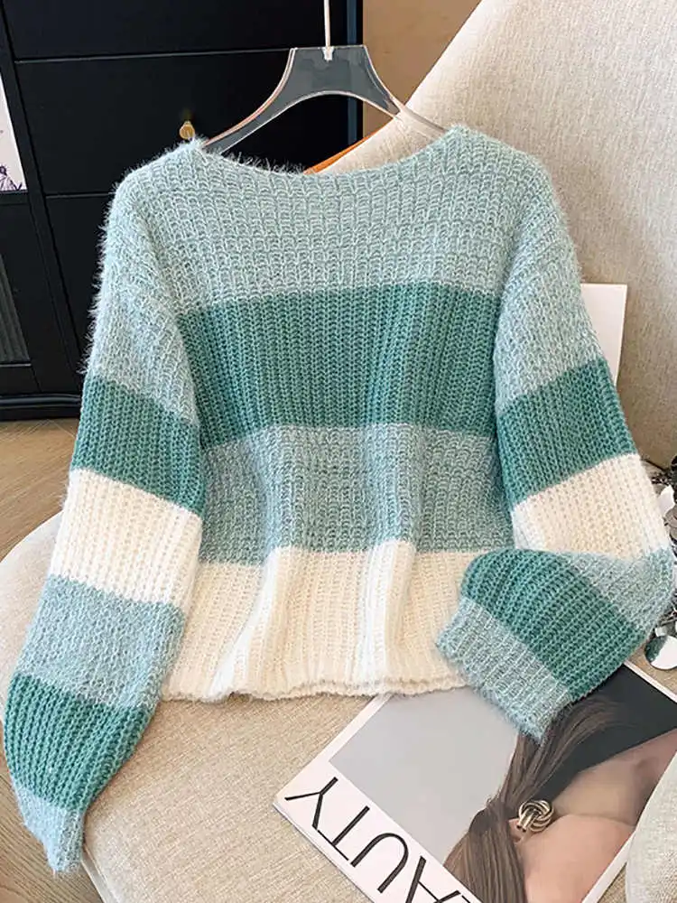 Women's Green Striped Pullover Knitted Sweater Harajuku Aesthetic Long Sleeves O-Neck Sweater Jumper Y2k Vintage 2000s Clothes