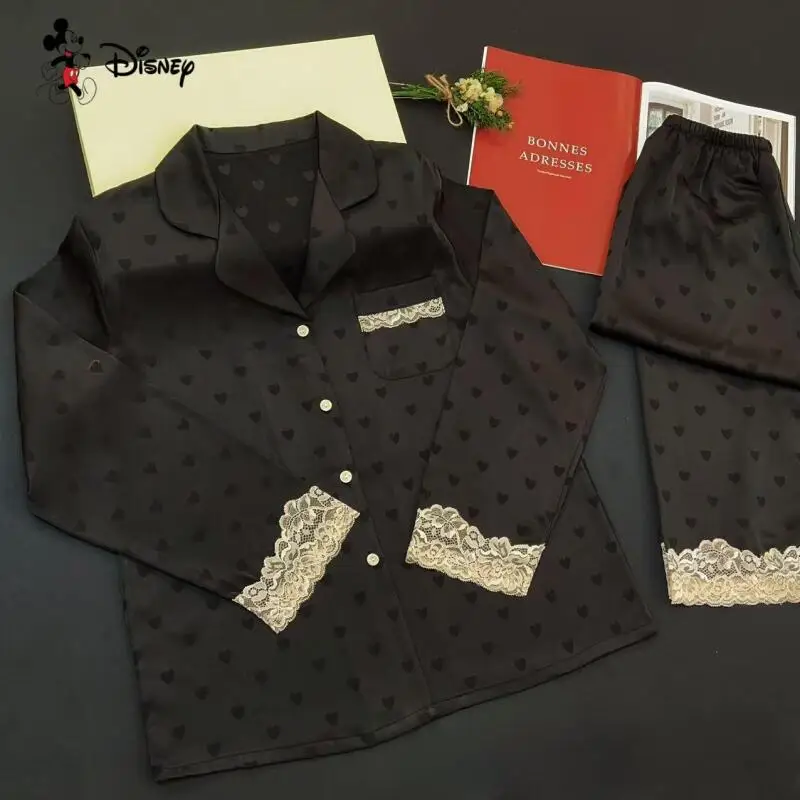 Mädchen New Love Jacquard Eisseide Langarm-Pyjama-Set Kawaii Damen High-End-Cardigan Spitzenhose Home Wear Zweiteiliges Set