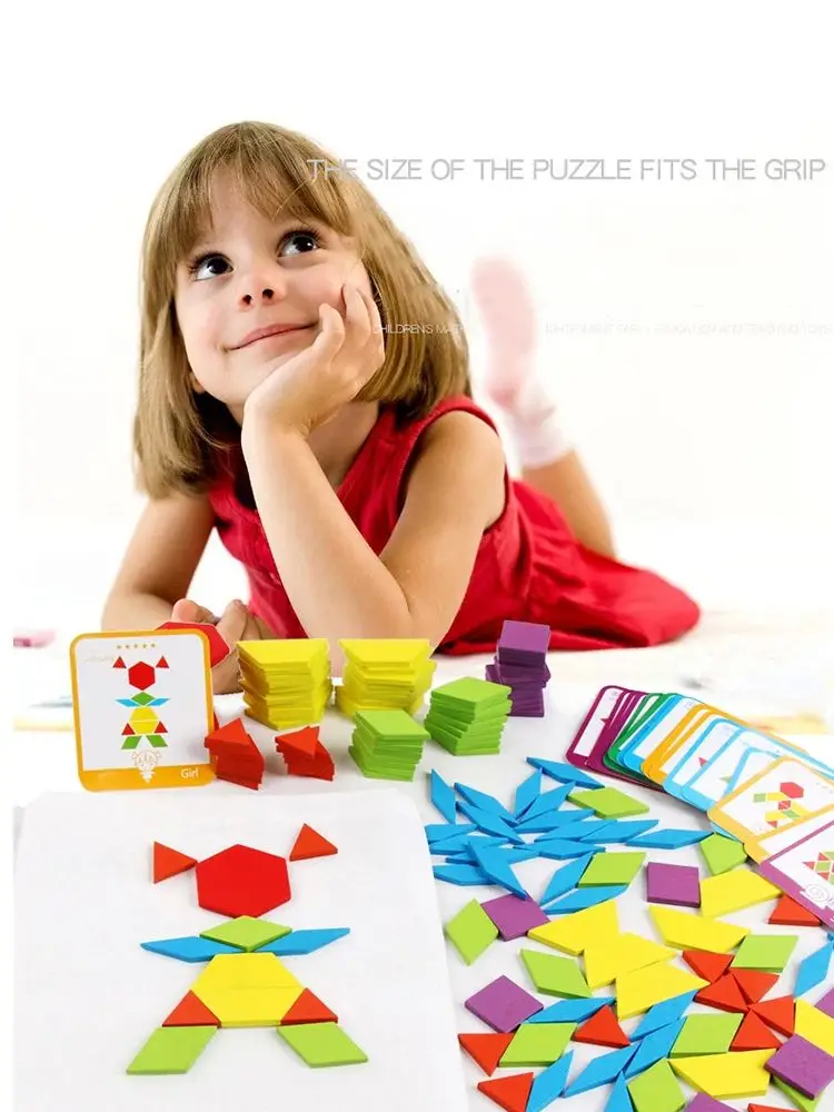 Drewniane klocki geometryczne, sorter kształtów, rozwijają wyobraźnię, bezpieczne magnetyczne puzzle, tangram, geometryczne kolory, wczesna edukacja. — zdjęcie 2