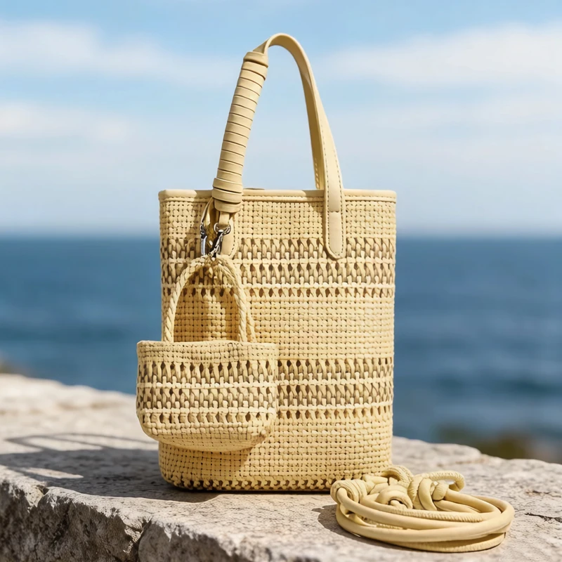 

Handwoven Beach Tote Bag For Women Luxury Designer Handbag Purse 2026 New In PU Handle Hollow With Mini Pocket Underarm Shoulder