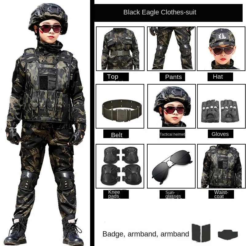 Nieuwe Tactische Outdoor Sport Uniform Voor Kinderdag Camouflag Vermomming Volwassen Voor Kind Meisje Jongen Zwarte Adelaar Camouflage Pak Set