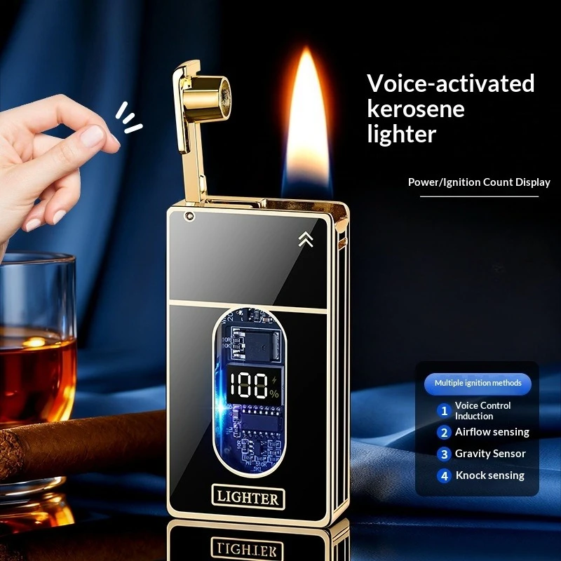 Voice Controlled Ignition Windproof Kerosine Lighter Colorful Atmosphere Light Digital Battery Display Type-C Electric Lighters