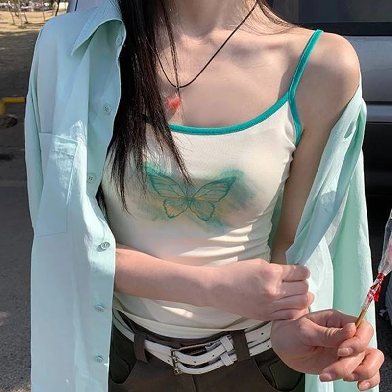 Summer Fashion Contrast Color Butterfly Print Sleeveless Slim Camisole For Women