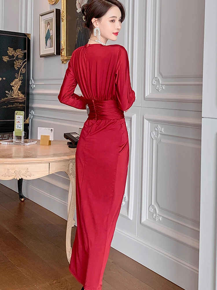 Spring French Elegant Classic Sexy Dresses for Women 2023 Wrap Folds Split Maxi Robe Femme Evening Party Prom Vestidos Clothes