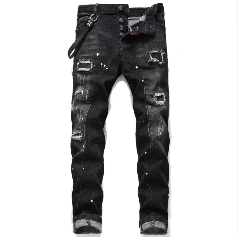 

2025 Mens Ripped Jeans Luxury Brand Quality Holes Long Trousers Male Fashion Street Hip Hop Stretch Slim Pants Men Black Jeans