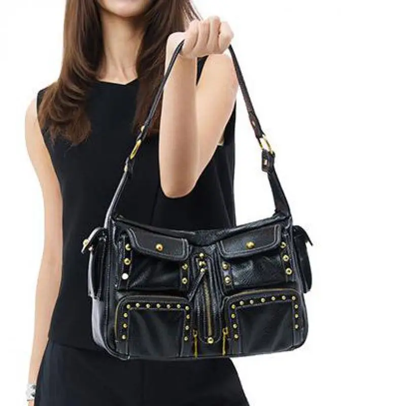 2026 Original Retro Metal Rivet Decoration Three-dimensional Multi Pocket Design Horizontal Square Shoulder Bag For Women Trendy