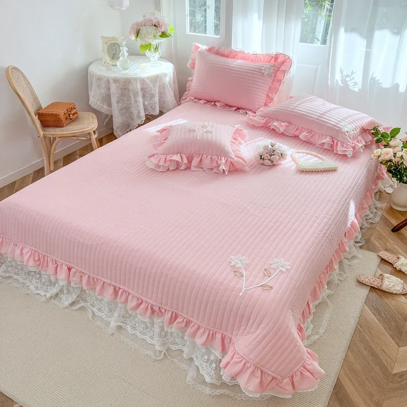 Solid Color High Quality Cotton Thicken Bed Cover Quilted Princess  Bed Skirt Bed Sheet Bedspread Mattress Cover Pillowcases